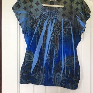 One World embellished top. Beautiful blues and green. Sz M Excellent condition.